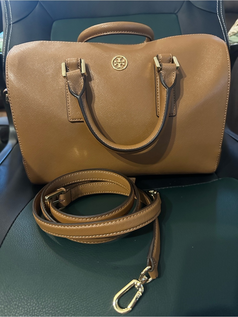 Tory Burch Camel Brown Leather Boston Bag with Detachable Strap